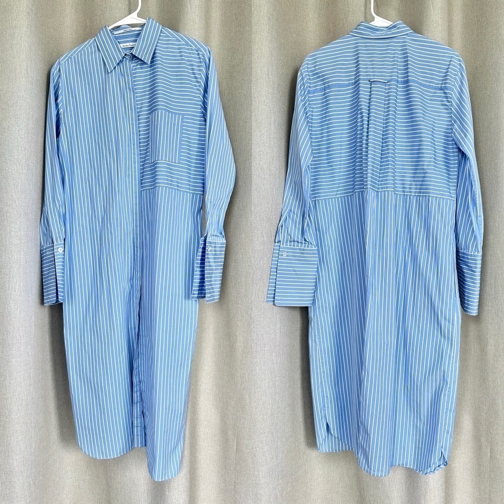 Another Tomorrow Cotton Stripped Blue White Belted Shirt Dress IT 40 US S (4) - Picture 3 of 14